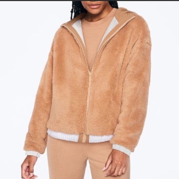 VS Pink Reversible Teddy Grey White Brown Zip Jacket Sz L Hooded - Picture 2 of 10